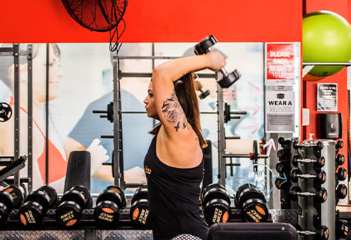 Person lifting a dumbbell overhead in the gym